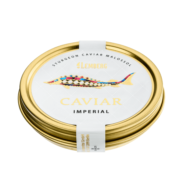 Банка світлої осетрової ікри Imperial 250г з кремовою текстурою і великими зернами